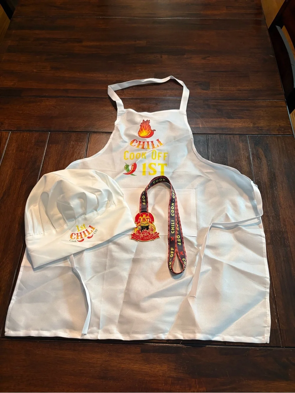 Chili Cook Off 1st Place set with white apron, chef hat and metal